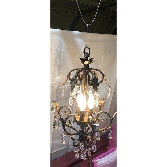 Chandelier 3 Light Antique Rubbed Brass Leaf Scroll 31 2-Tier Prism Crystals - Picture 14 of 16